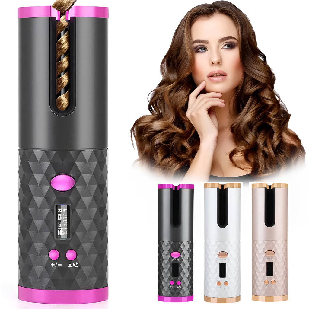 Black rechargeable automatic hair curler with LCD display and rotating ceramic barrel.