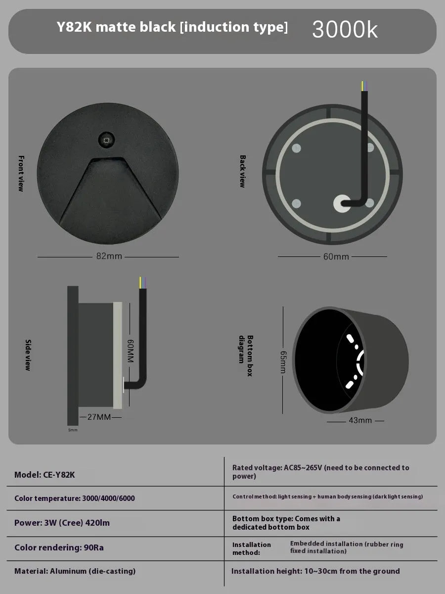 3W LED step light for indoor outdoor use, aluminium IP65 waterproof, 82mm diameter, available in black grey or white