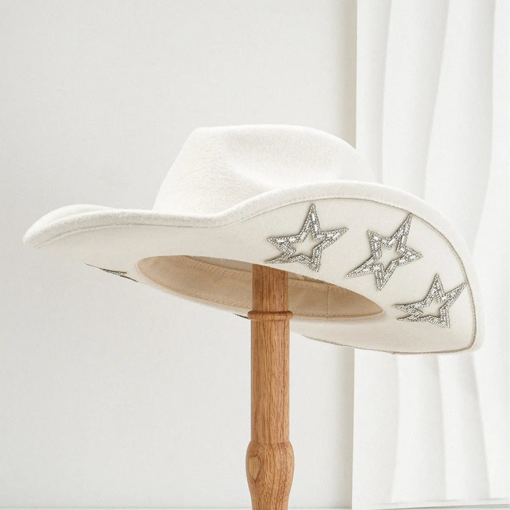 Polyester felt Western-style conical top hat with hexagonal star decoration in beige.