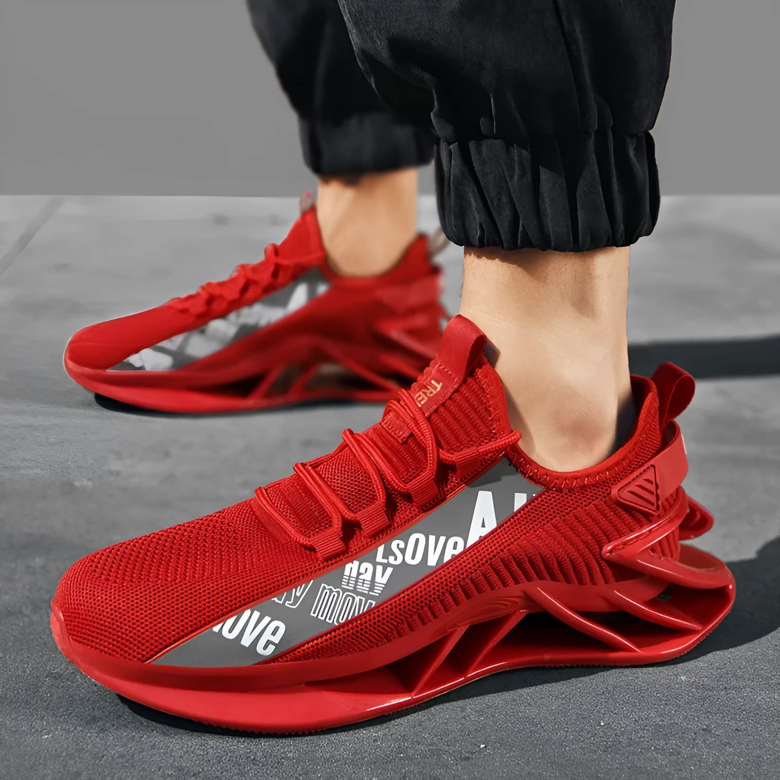 Men's fly woven mesh casual sports shoes in black, blue, red, and white colour options