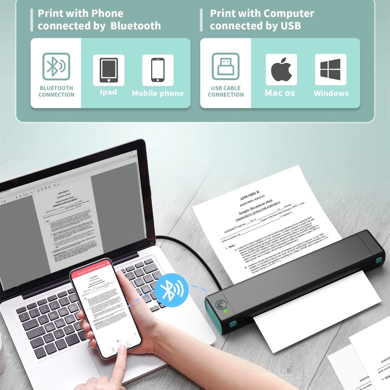Phomemo M08F white portable A4 thermal printer on a desk next to a mobile phone.