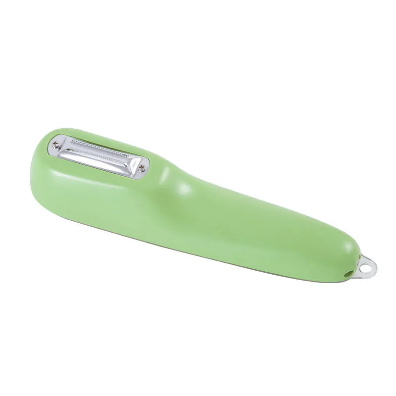 Dark green potato peeler with a removable storage tube and a stainless steel blade.