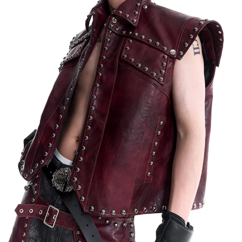 Red special-interest heavy industry rivets leather vest coat set with lapel collar and matching pants