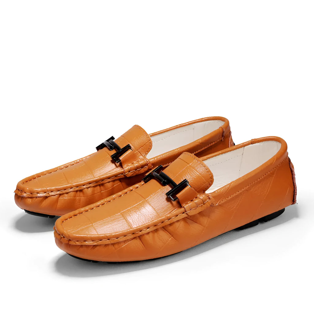 Men's casual leather shoes with belt buckle detail on cowhide upper with flat rubber sole