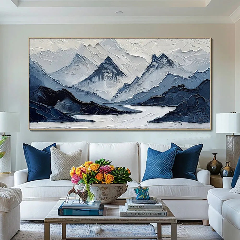 Hand painted modern mountain landscape oil painting in navy blue and white on canvas