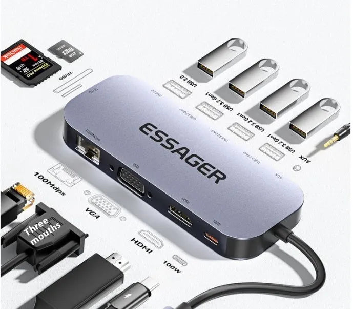 11-in-1 USB-C expansion dock with Gigabit Ethernet port, HDMI, USB ports, and card readers