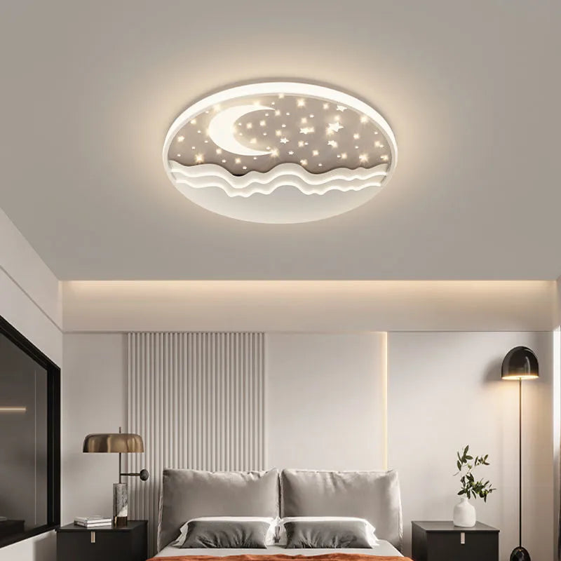 White moon-shaped wrought iron and acrylic bedroom ceiling light with romantic glow