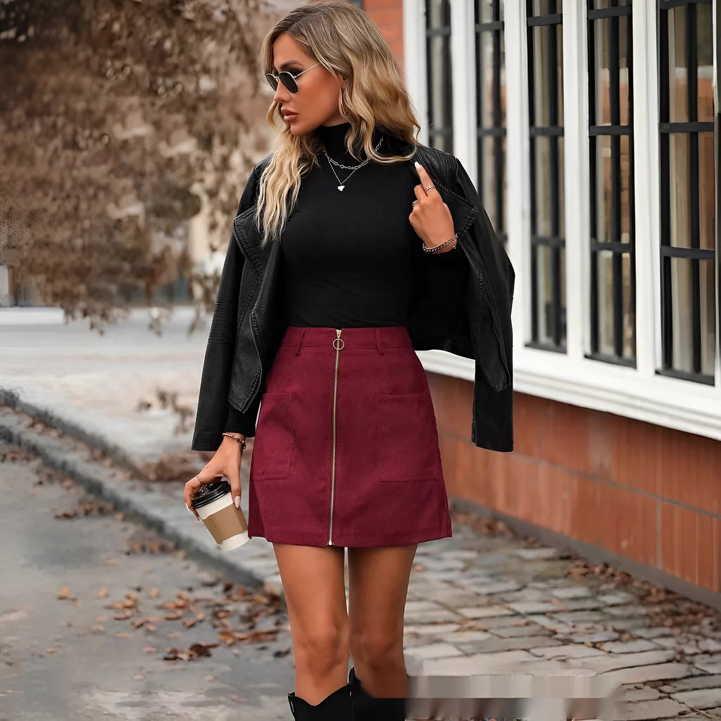High waist women's short skirt with front stitching detail and side zipper in black