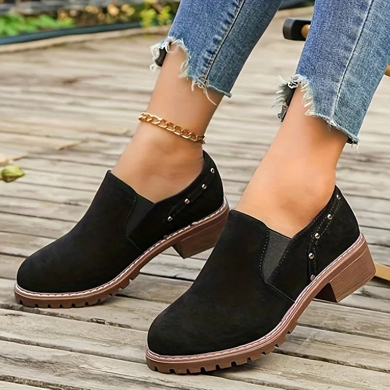 Plus size women's suede ankle boots black low heel round toe elastic band side detail
