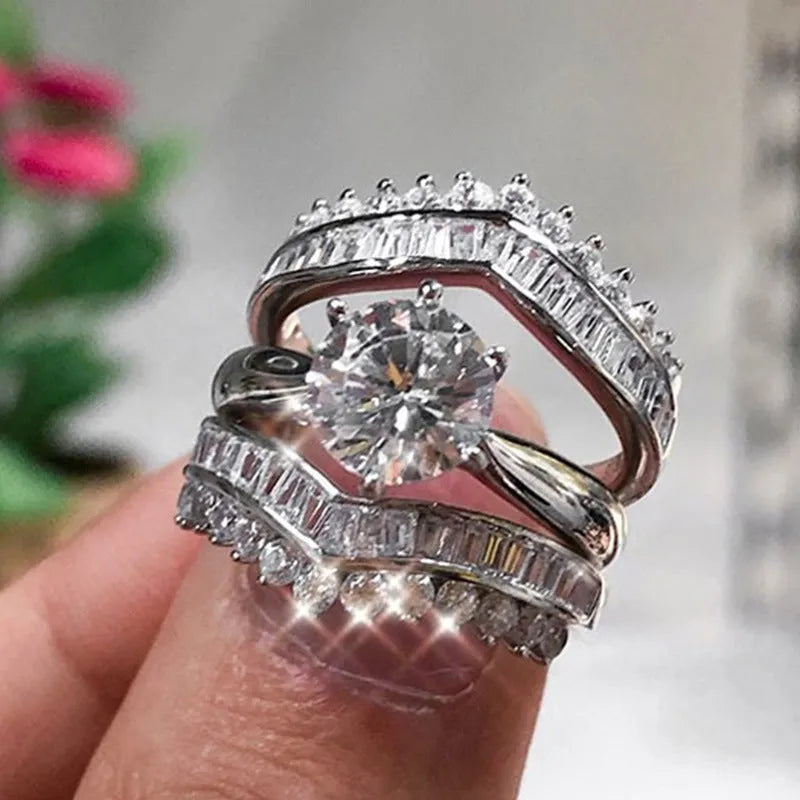 White gold colour geometric crown design ring with zircon inlay from couples three-piece matching set