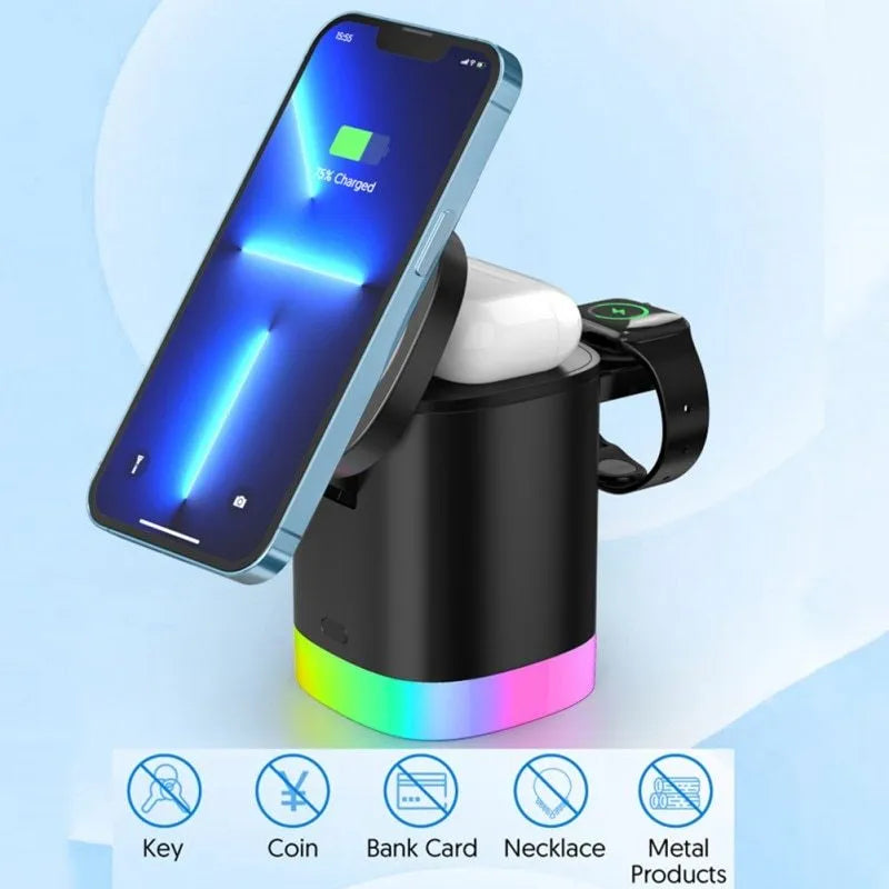 Black foldable 3-in-1 magnetic wireless charging station showing phone, watch and earbuds charging simultaneously.