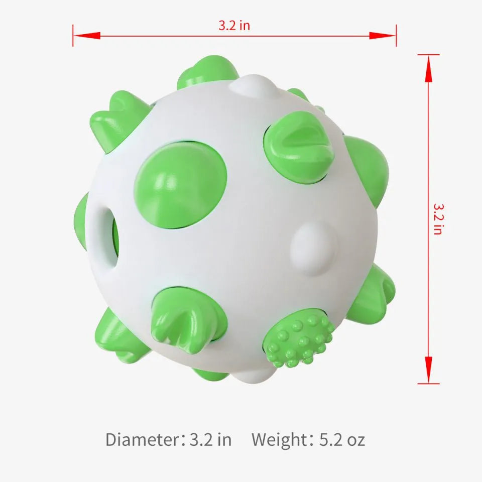 Blue, green and yellow dog teething chew ball toy with serrated bumps and hollow centre.
