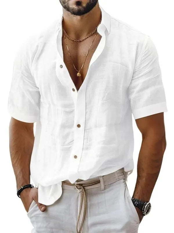 Men's solid colour lapel shirt with short sleeves in cotton linen blend fabric