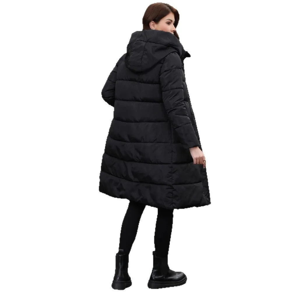 Black slim fit hooded jacket with long sleeves for cold weather protection