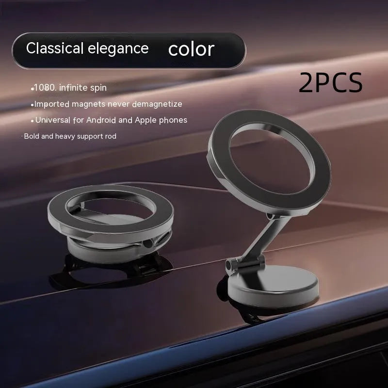 All-metal magnetic car phone mount in Qian colour, shown folded and unfolded on a car dashboard.