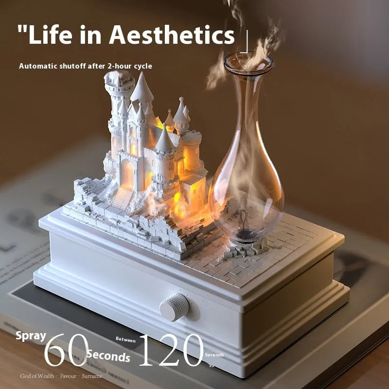 White Medieval Castle waterless aromatherapy machine ornament with ambient light on a table.