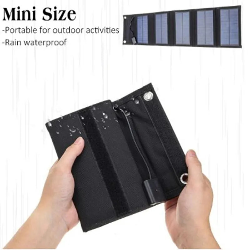 30W foldable solar charger with SunPower cells and dual USB outputs on camouflage fabric surface