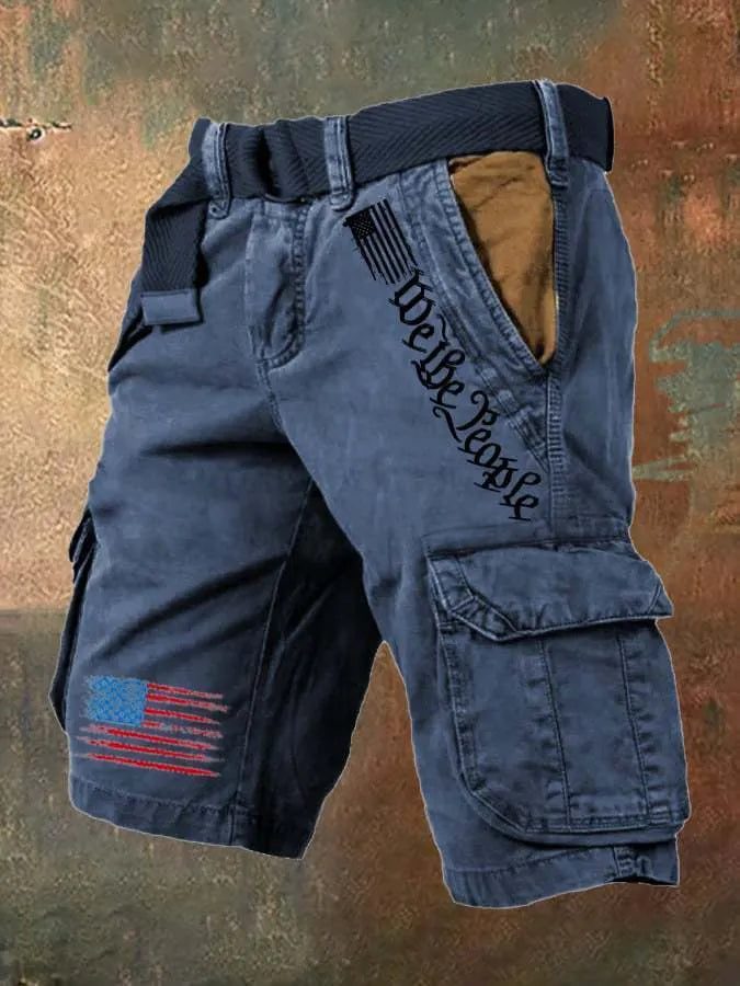 Men's khaki loose fit fifth pants with multiple utility pockets and mid waist design