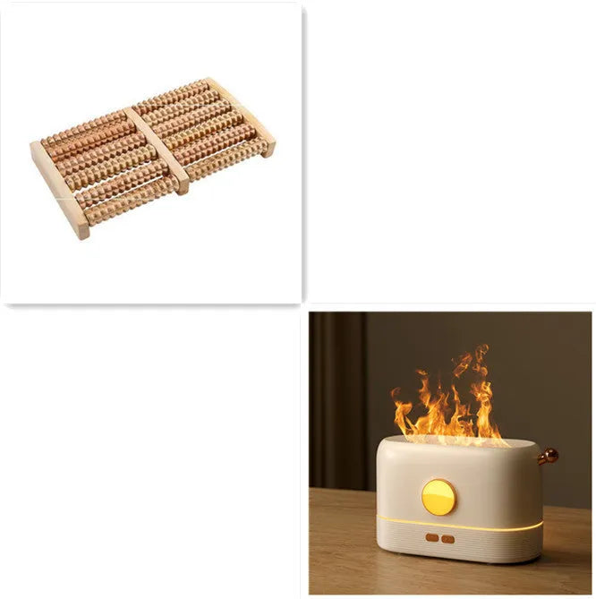 Black USB humidifier with LED flame simulation effect on wooden desk
