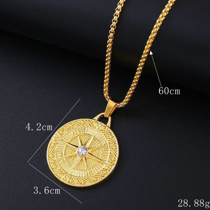 Gold geometric alloy pendant necklace for women with inlaid zircon stones.