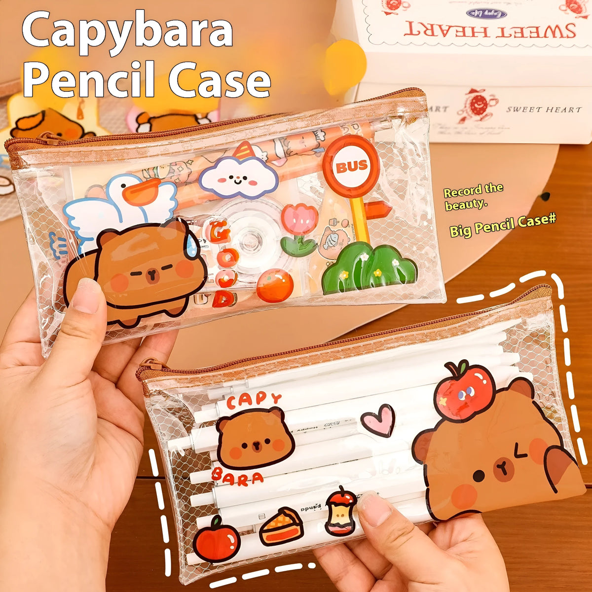 Transparent PVC mesh pencil case, 20 x 10.3 cm, random mixed colour, for student stationery