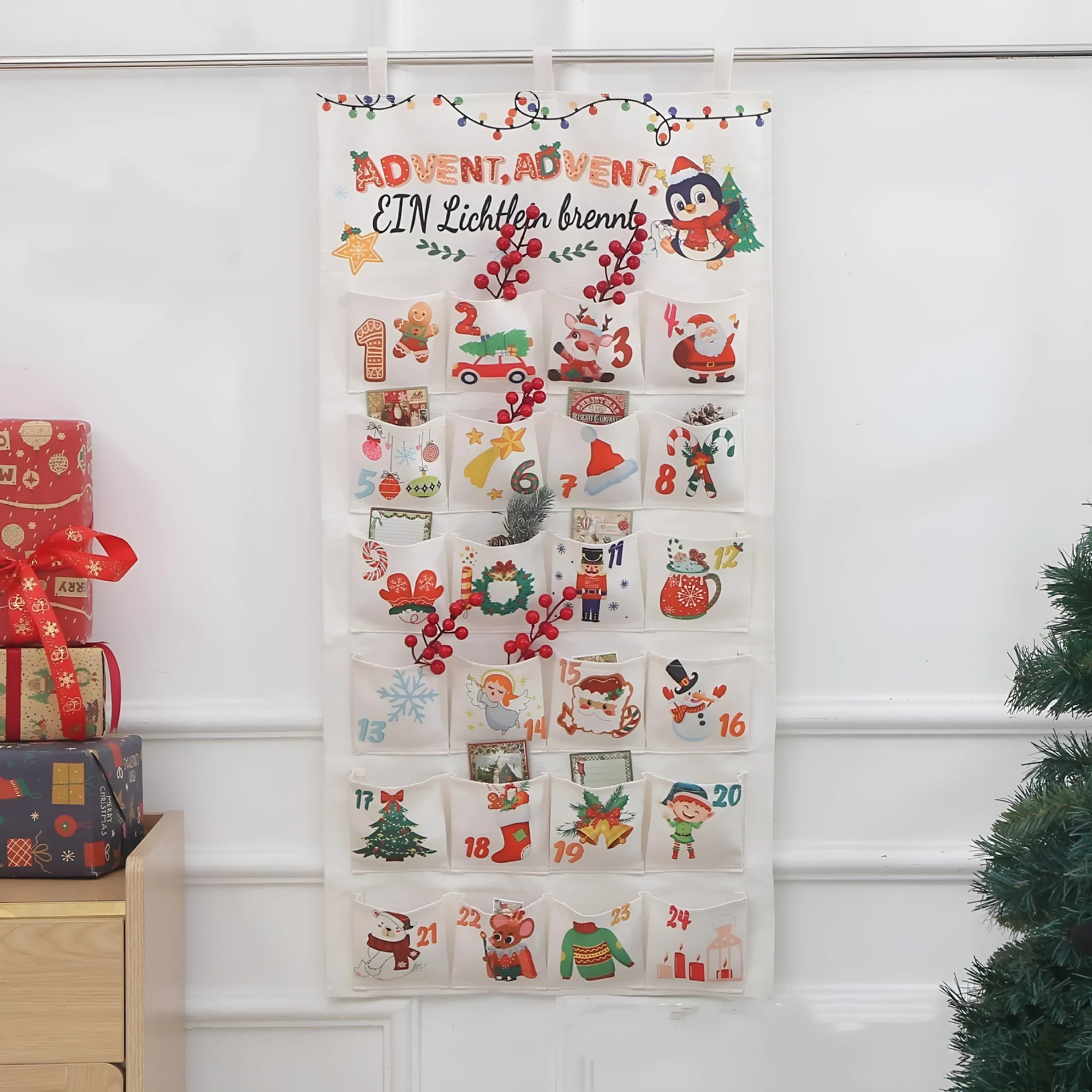 Brocade Christmas advent calendar gift bag with silk screen print, 50x100cm, Colour 01