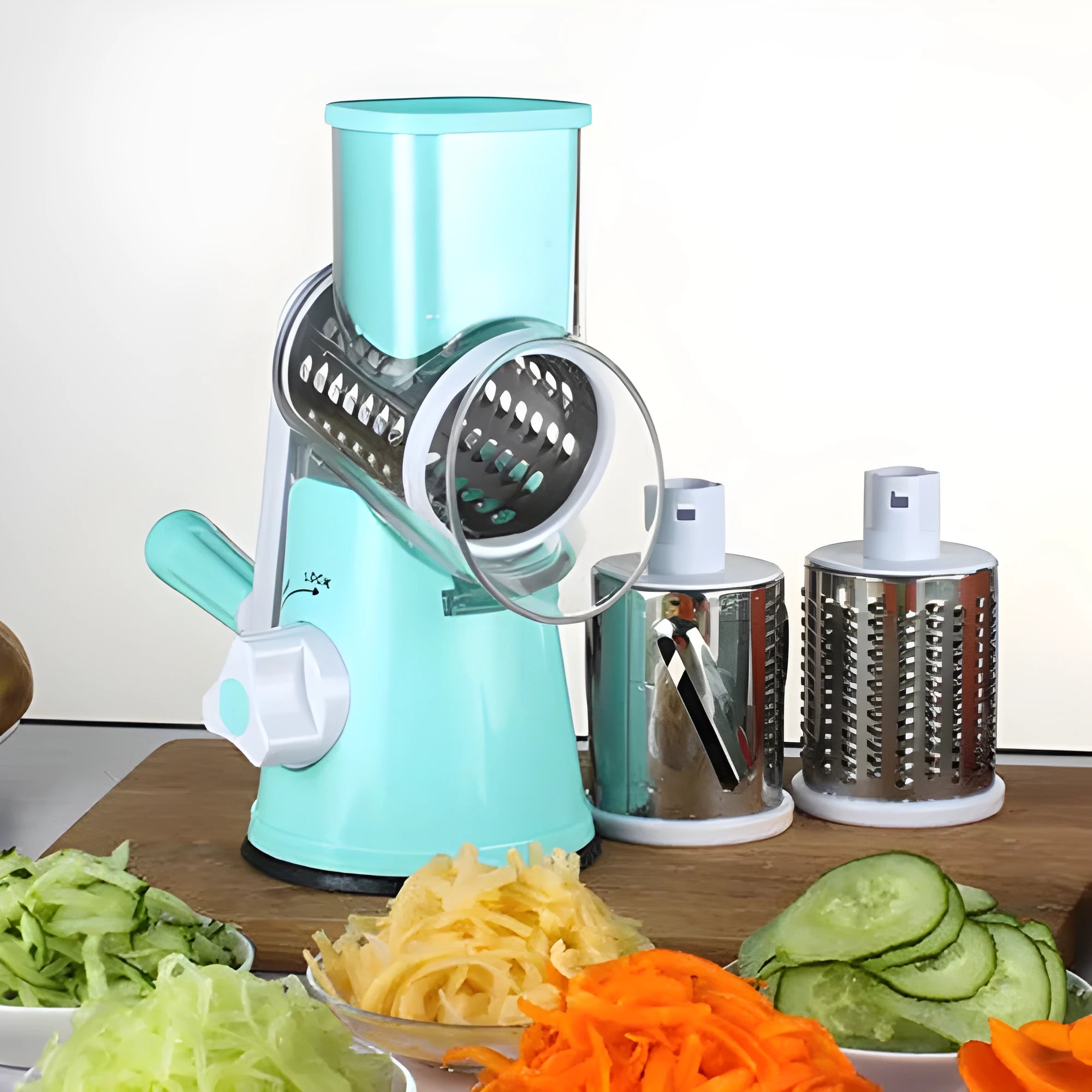Manual round mandoline vegetable slicer with stainless steel blades in blue colour