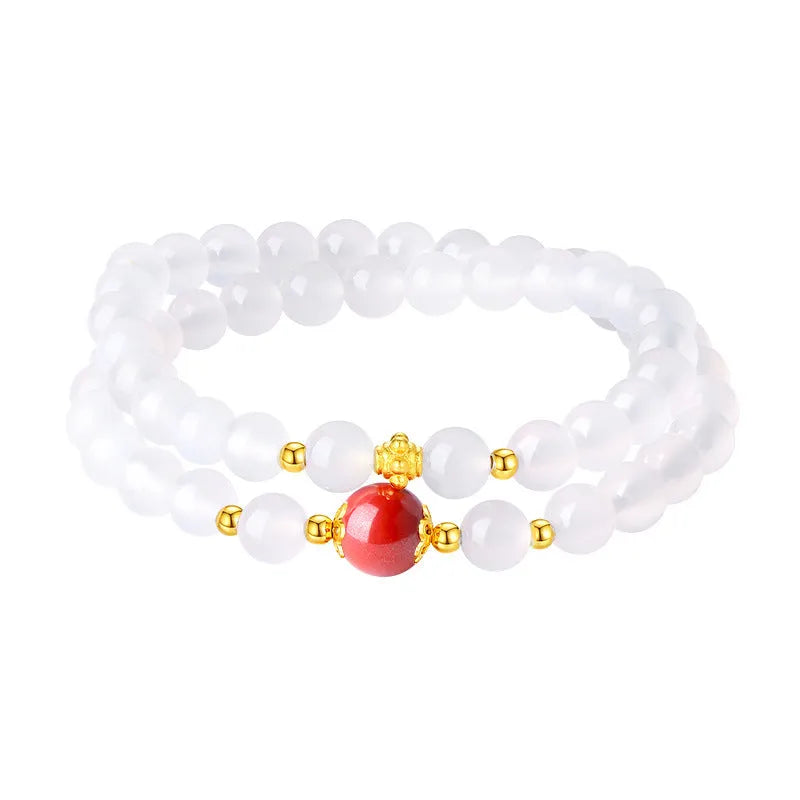 White agate women's bracelet with geometric double layer design featuring jequirity bean and cinnabar accents