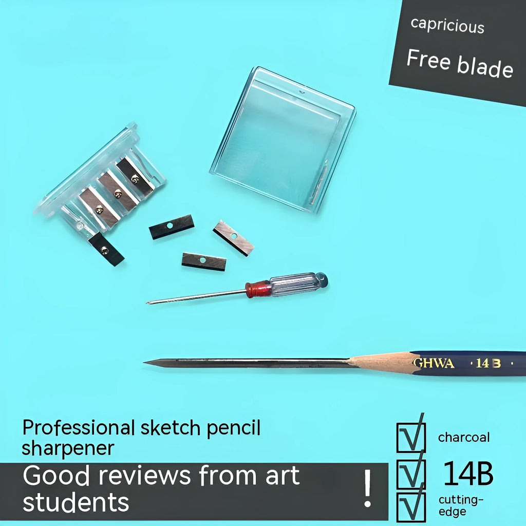Four hole geometric pencil sharpener with plastic construction and maintenance screwdriver