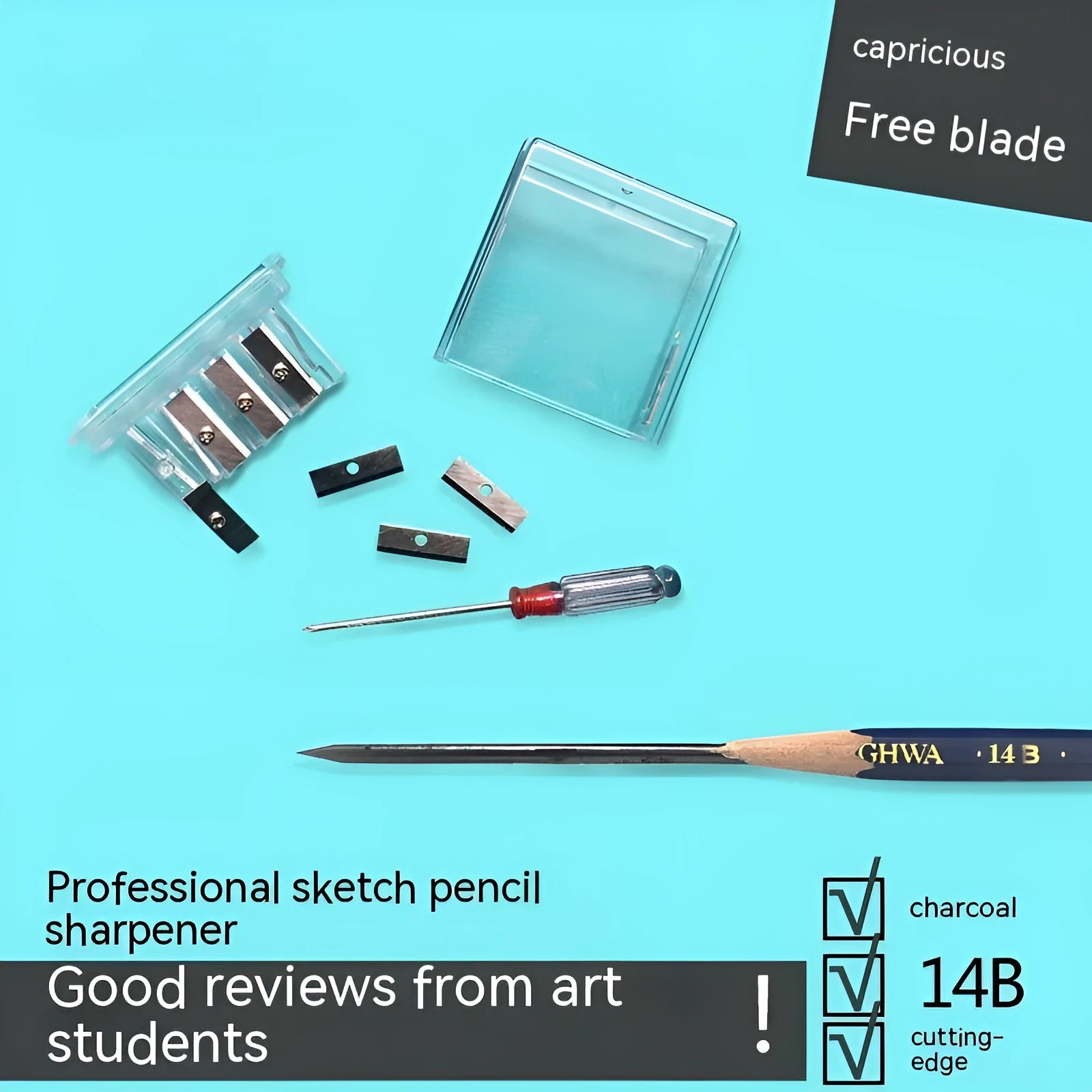 Four hole geometric pencil sharpener with plastic construction and maintenance screwdriver