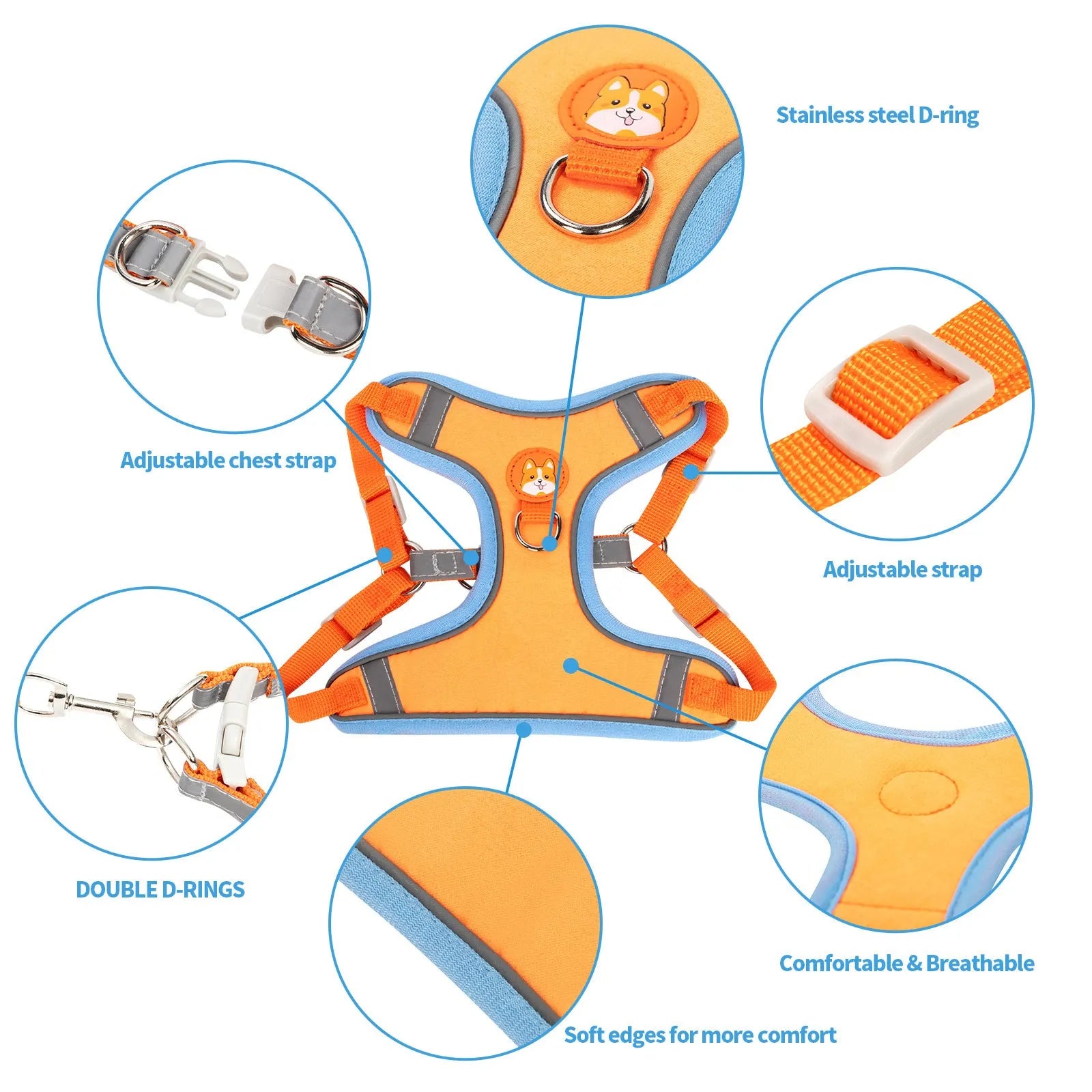 Adjustable dog harness with haulage rope construction in multiple colour options