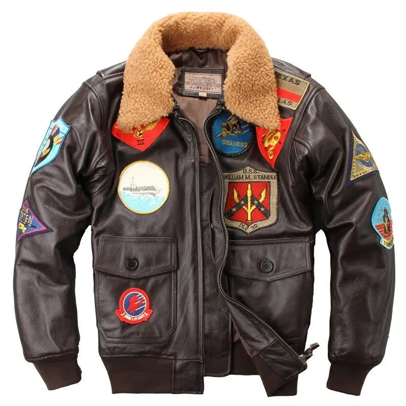 Men's embroidered cowhide leather motorcycle jacket, short zip front, brown or black, sizes S to XXXL