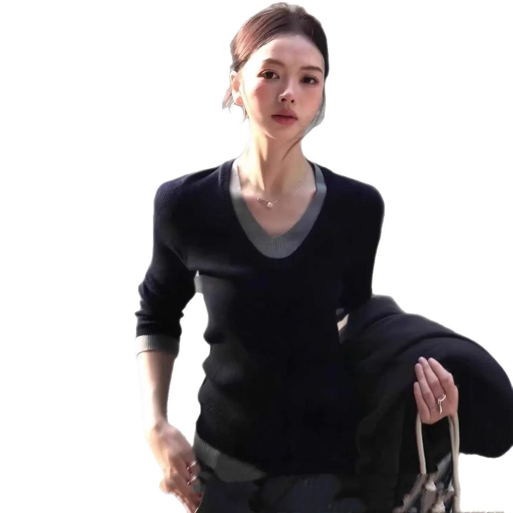 Black Korean style fake two-piece V-neck knitted pullover top on a woman