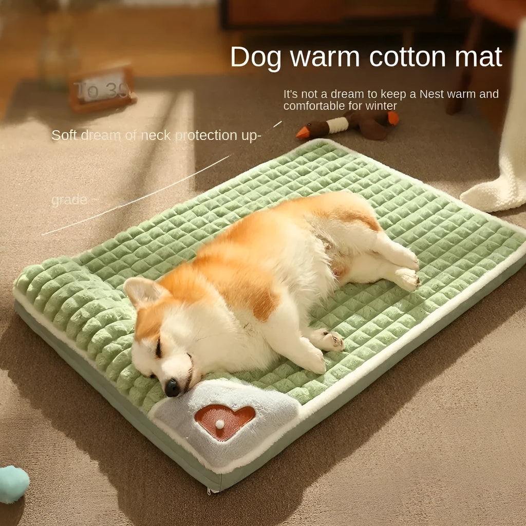 Large rectangular dog bed mat with a removable cover in a grey colour on a wooden floor.