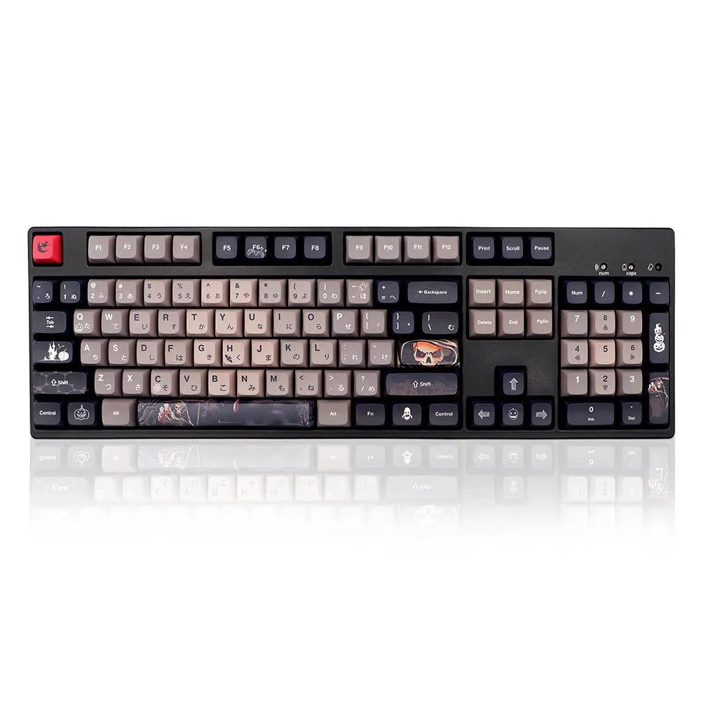 Five-sided sublimation PBT key cap set with Halloween theme in US layout showing 137 keys