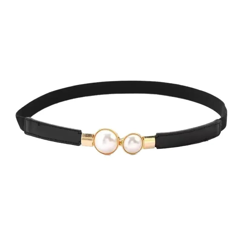 Thin black PU leather decorative belt with two silver alloy buckles fastened