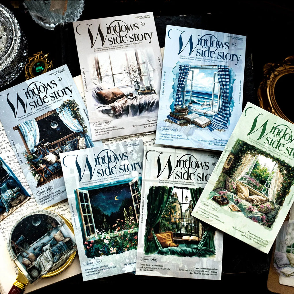Set of six retro-style window scene decorative journal stickers on a sheet.