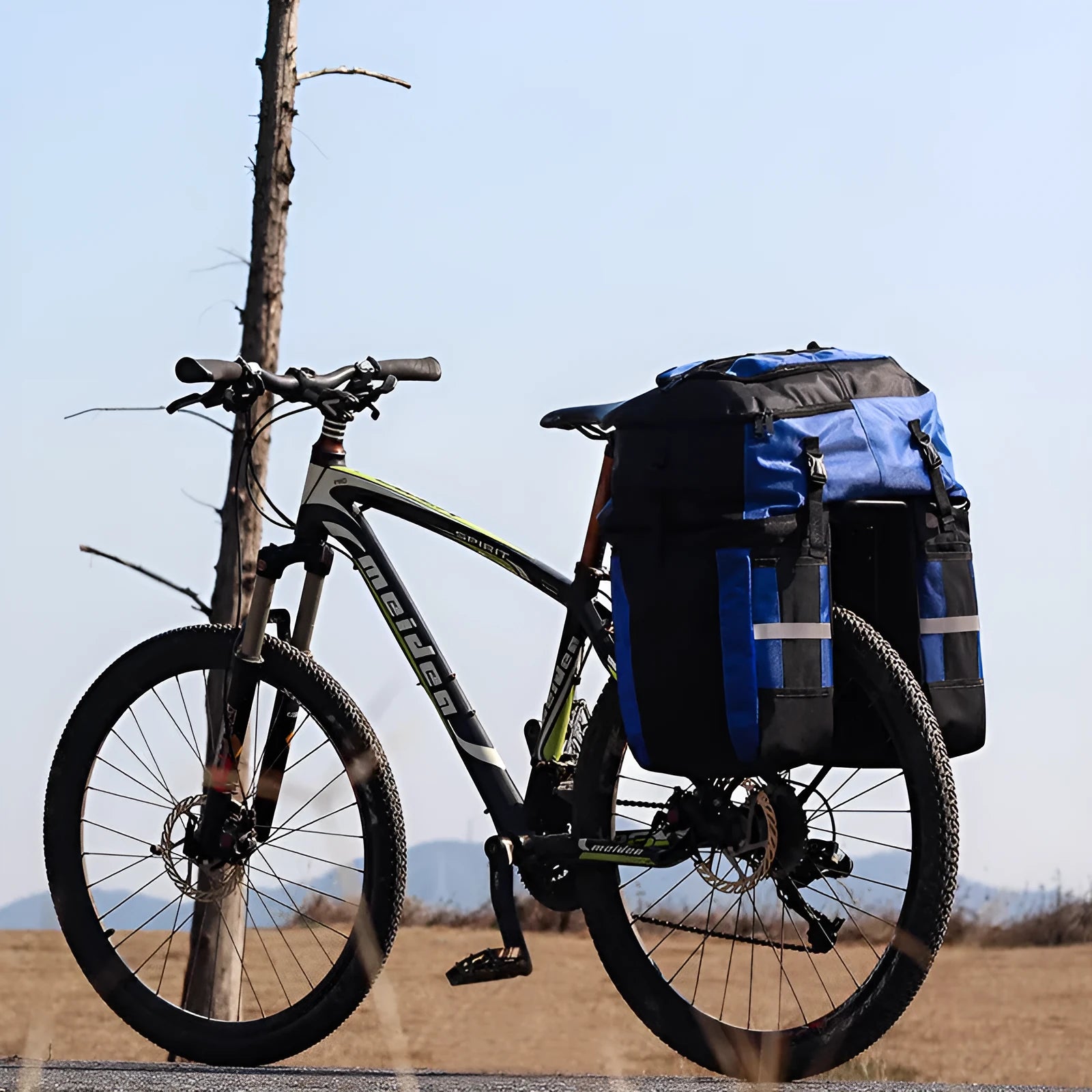 Rhinoceros brand three-in-one design 70L bicycle rear storage bag for touring, shown in available colours.