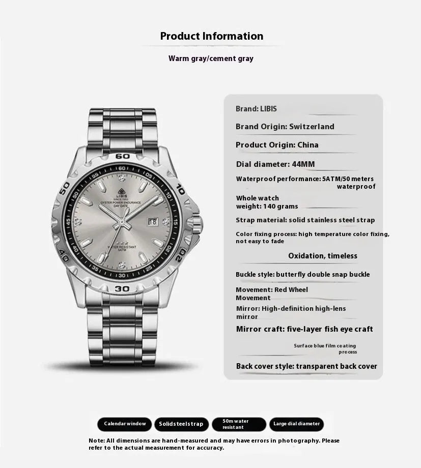 Men's silver quartz watch with luminous hands and waterproof stainless steel strap