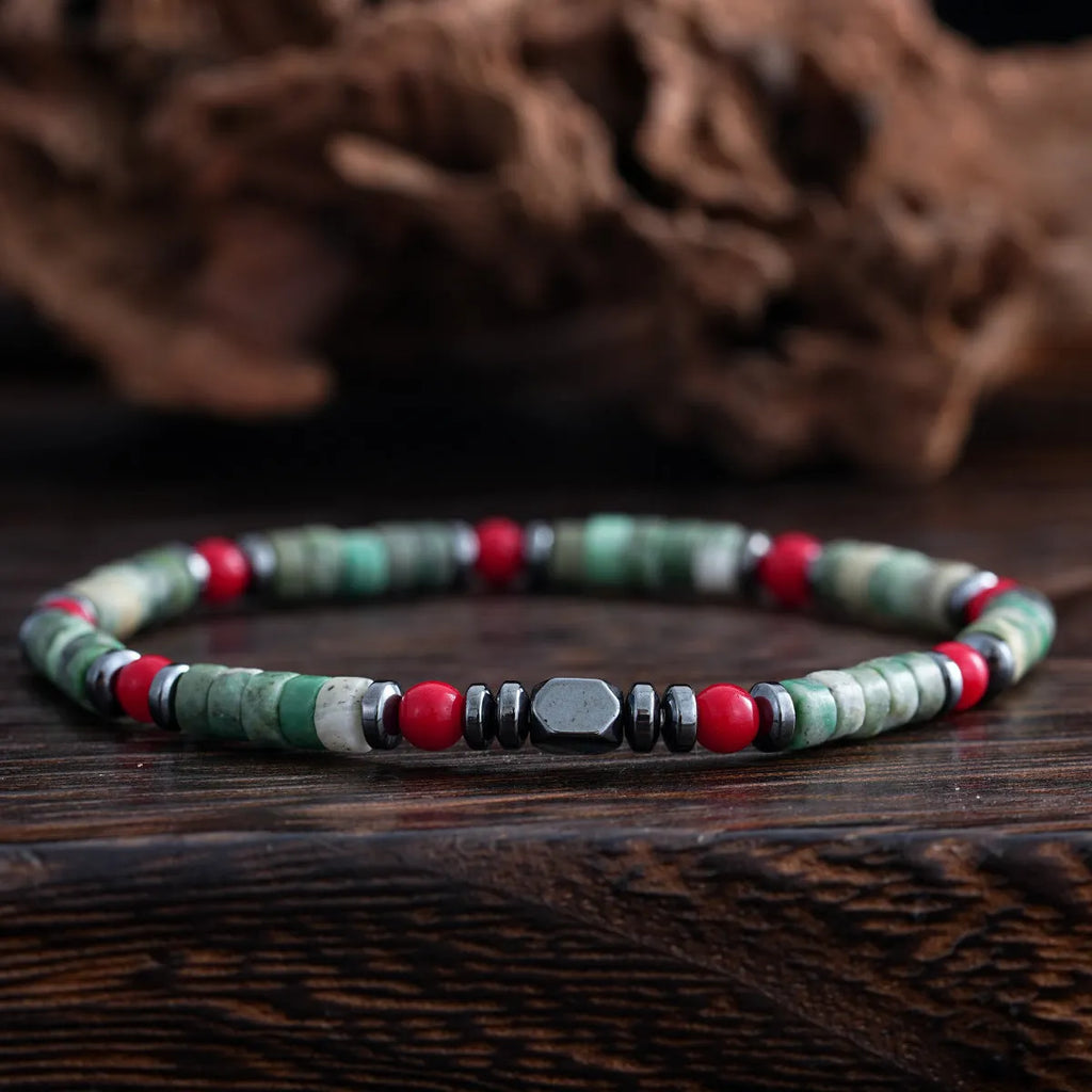 Bohemian style bracelet with cylindrical natural stone beads on an adjustable string for men.