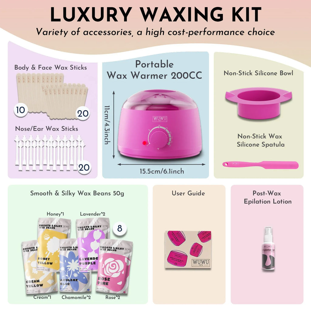 WUWUVISTA 63-piece waxing kit with black warmer, wax beads, applicator sticks, and lotion