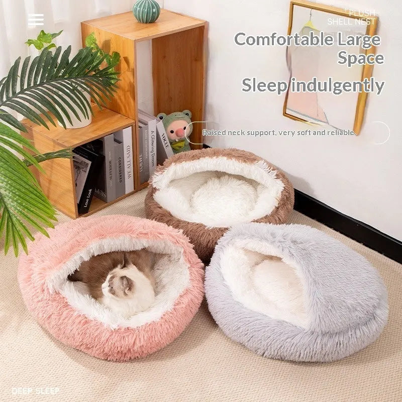 Plush shell nest crystal fleece cat bed in gradient grey colour, soft fabric thick warm bed for cats