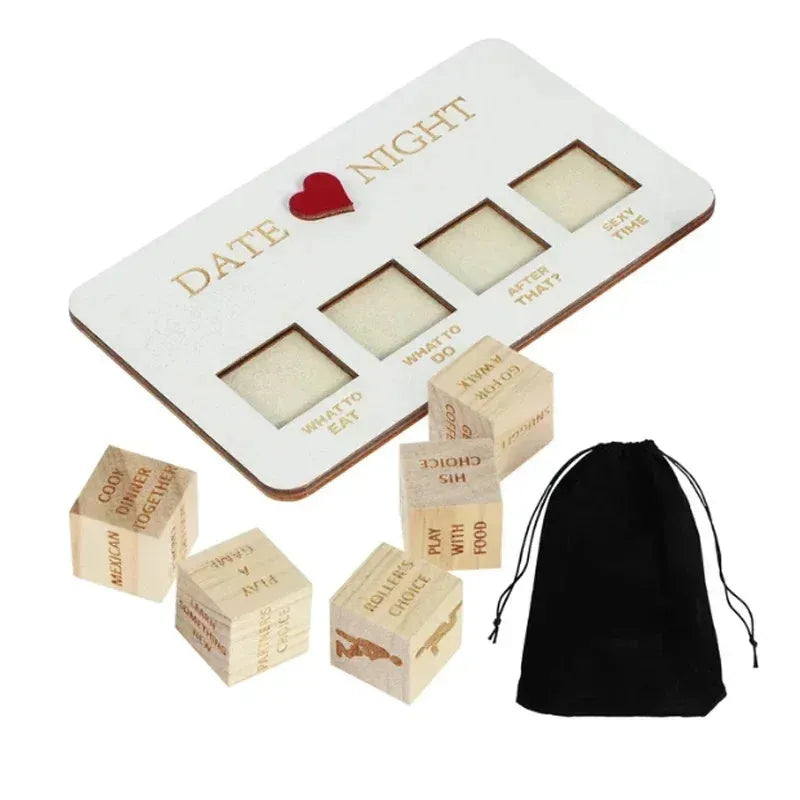 Wooden date night dice set with five natural wood dice on a rectangular planner board next to a black storage bag.
