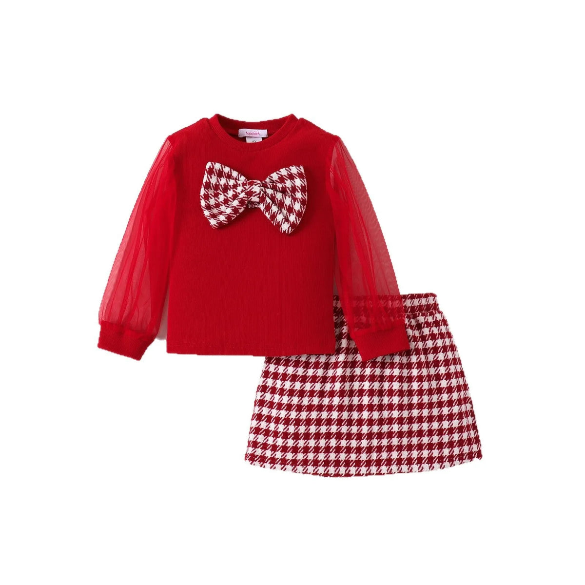 Two-piece red cotton children's outfit with long sleeve top and long skirt suitable for height 4Y to 7Y
