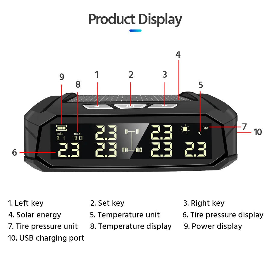 Solar external tyre pressure monitor display unit with colour screen next to six wireless sensors