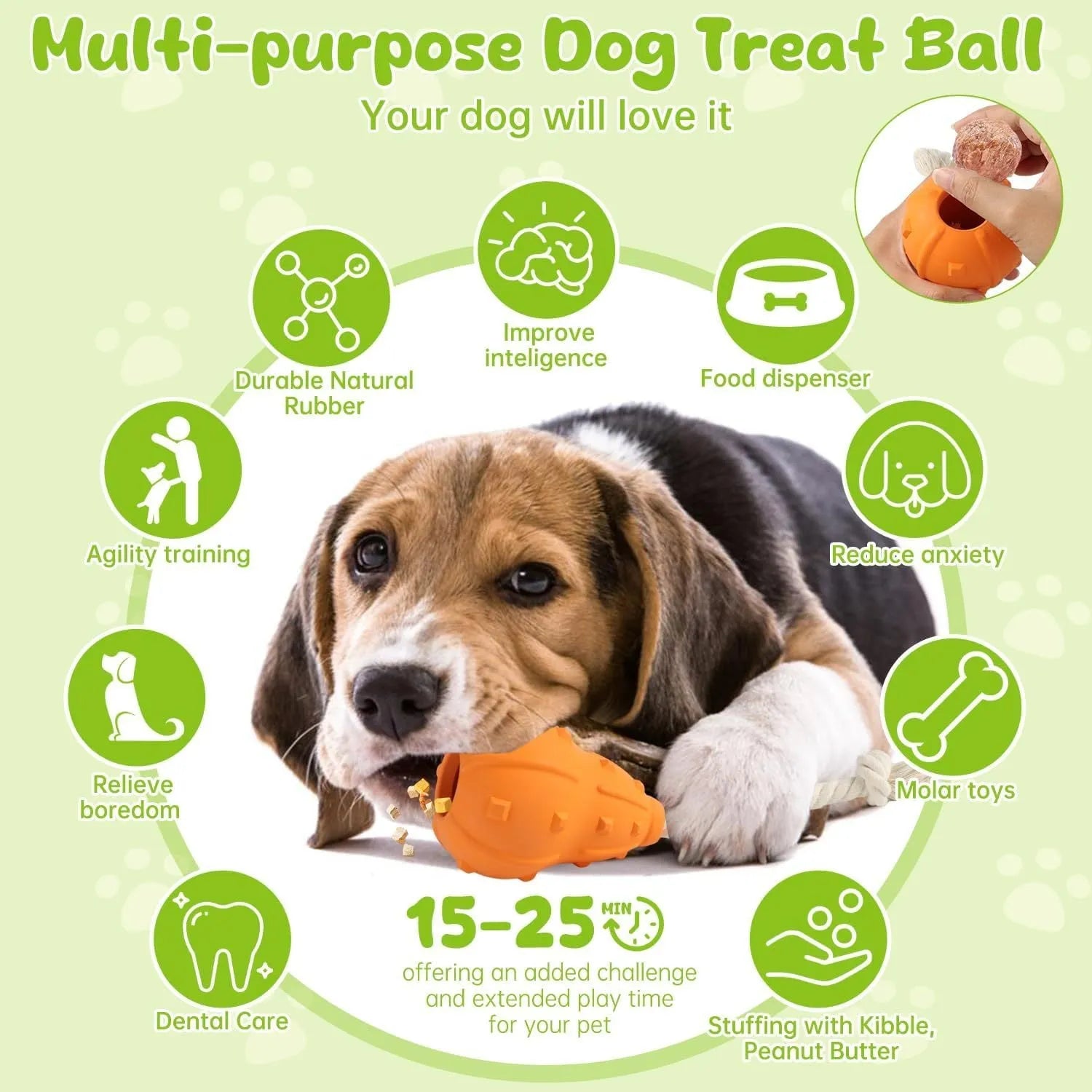 Natural rubber stuffable dog chew toy with a long strap for fetching and treat dispensing.
