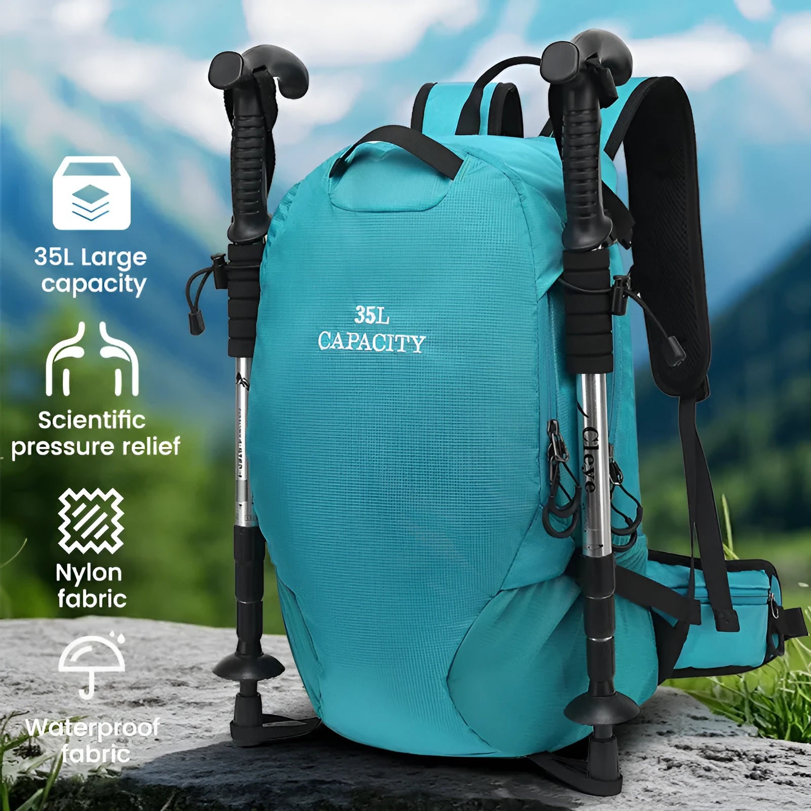 Waterproof Oxford cloth hiking backpack with physiological back plate in black, lake blue, or lemon yellow