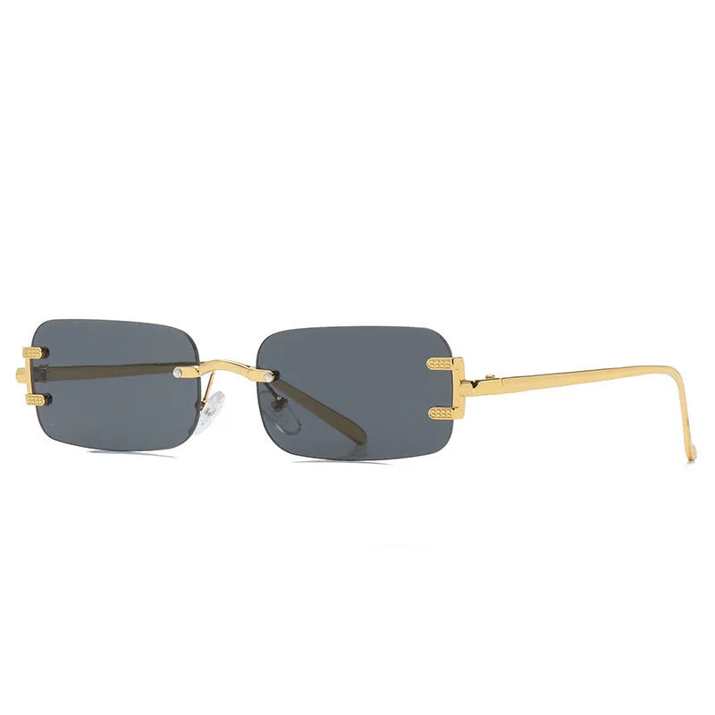 Retro square frameless sunglasses with metal frame and AC lenses, gold or black frame, six colour options.