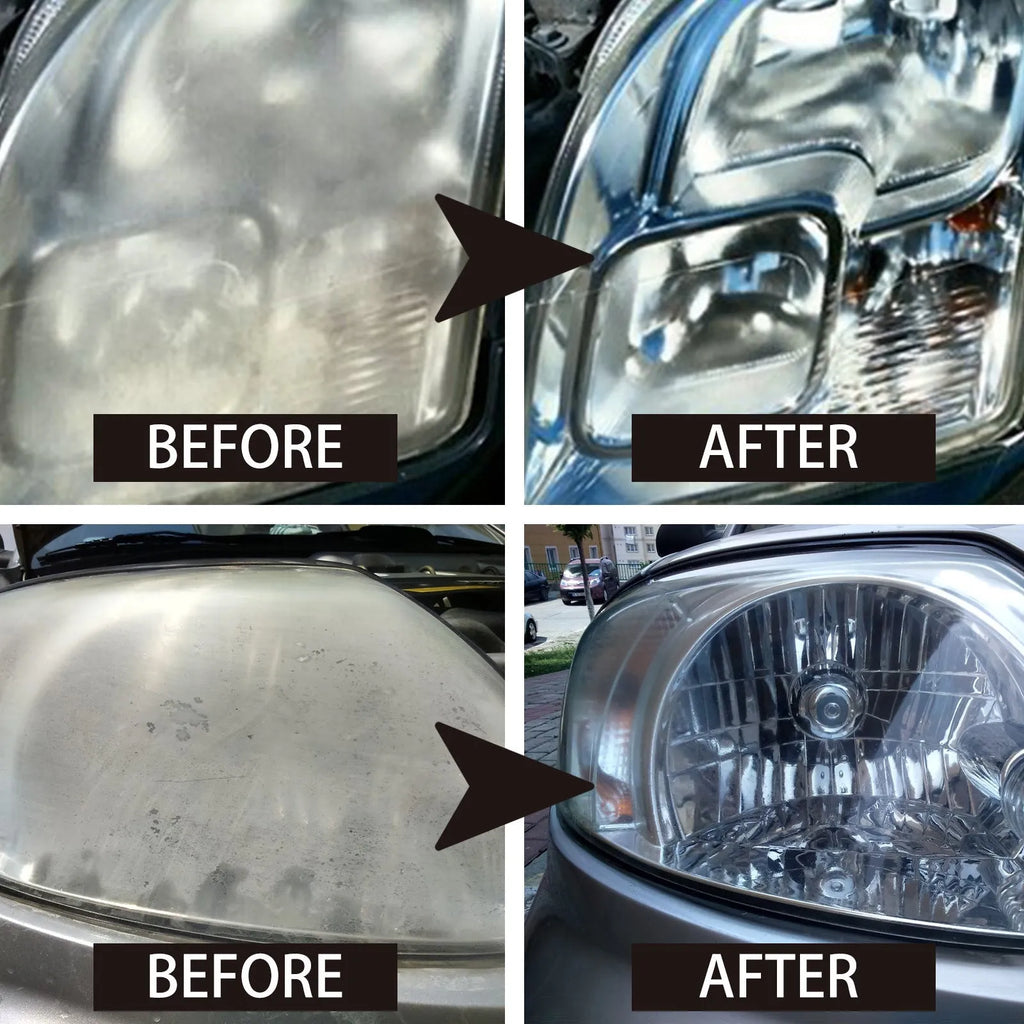 150ml bottle of car headlight repair liquid with applicator brush on a yellowed car lamp.