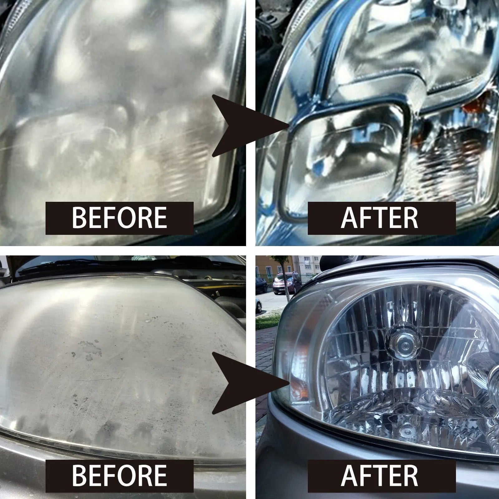 150ml bottle of car headlight repair liquid with applicator brush on a yellowed car lamp.